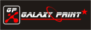 Logo mit Text "Galaxy Print", rotem Stern und stilisiertem roten Motiv auf schwarzem Hintergrund.