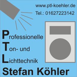 Blaue Grafik mit Text "Professionelle Ton- und Lichttechnik Stefan Köhler", Webseite, und Telefon.