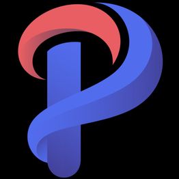 Stylized "P" logo with a red and blue ribbon design on a black background.