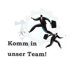 Zwei stilisierte Figuren mit Aktentaschen, Text: "Komm in unser Team!" im Hintergrund Zahnräder.