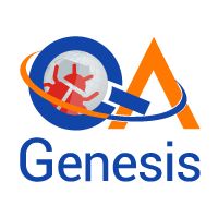 Logo with "QA Genesis" text and orange-blue design elements around a globe with bugs.