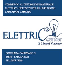Logo di un negozio di materiali elettrici, "Elettric Center", con lampadina stilizzata.