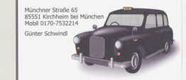 Illustration eines schwarzen Taxis mit Kontaktinformationen auf der linken Seite.