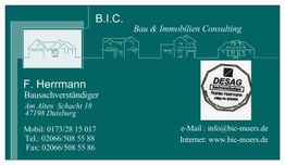 Geschäftskarte von B.I.C. Duisburg, Bau- und Immobilienberatung, Kontaktdaten von F. Herrmann.