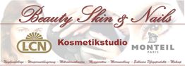 Kosmetikstudio-Werbung mit Logos von LCN und Monteil, zeigt Hautpflege und Wimpernverlängerung.