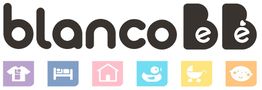 Logo de "blancoBebé" con íconos de ropa, cama, casa, pato, carrito y cara de bebé en colores pastel.