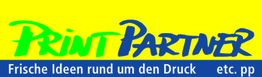 Gelbes Logo mit „Print Partner“ in Grün und Blau. Text: „Frische Ideen rund um den Druck etc. pp“.
