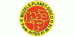 Gelbes Logo mit rotem Kreis, darin "MDP". Text: MUZELS-PLANET-DISCO, Telefonnummer sichtbar.