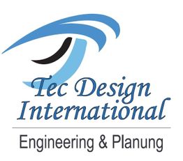 Logo von Tec Design International mit Schriftzug "Engineering & Planung" und blauem grafischen Element.