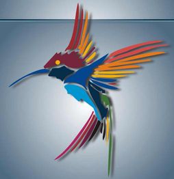 Abstrakter bunter Kolibri auf blauem Hintergrund, mit roten, blauen und gelben Flügeln.