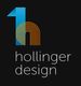 Logo mit stilisiertem "h" in Blau und Orange, Text "hollinger design" darunter auf schwarzem Hintergrund.