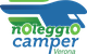 Logo di "Noleggio Camper Verona" con sfumature blu e verdi.