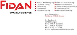 Fidan Umweltservice Karte mit Kontaktinformationen und Dienstleistungen.