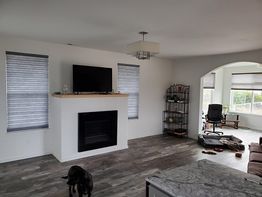 Minimalist living room with a grey floor, fireplace, TV, dog, and an archway leading to an office.