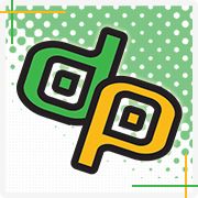 Logo con lettere "d" e "p" in verde e giallo su sfondo a pois verde e bianco.