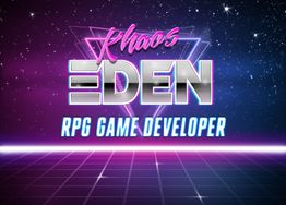 „Khaos Eden, RPG Game Developer“-Schriftzug im Retro-Design vor einem futuristischen Hintergrund.
