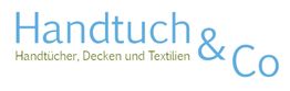 Geschäftslogo: "Handtuch & Co" mit Slogan "Handtücher, Decken und Textilien" in Blau und Grün.