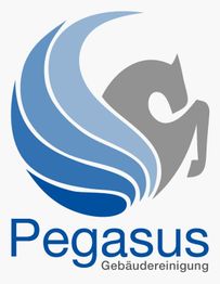 Logo von Pegasus Gebäudereinigung mit stilisiertem Pferd und blauen Wellenlinien.