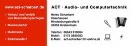 ACT Audio- und Computertechnik Kontaktinfos und Angebote auf rotem und weißem Hintergrund.