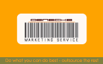 Ein Barcode auf orangefarbenem Hintergrund mit Text: "Do what you can do best - outsource the rest."