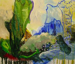 Abstract schilderij met groene, blauwe en paarse vormen op een kleurrijke achtergrond.