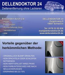 Flyer für Dellendoktor 24, Dellenentfernung ohne Lackieren, mit Vorteilen und Kontaktdaten.