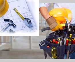 Worker with tool belt holding a yellow hard hat; tools and plans on the side.