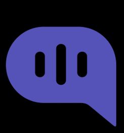 Purple chat bubble logo with three vertical black bars on a black background.