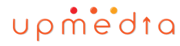 Logo di "upmedia" con scritta arancione e puntini colorati su sfondo bianco.