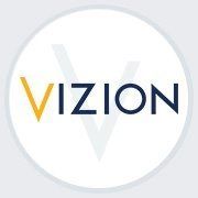 Logo with the word "VIZION" in yellow and blue, overlaying a faint letter "V".