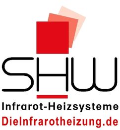 Logo von SHW Infrarot-Heizsysteme mit rotem Quadrat und Website DieInfrarotheizung.de.