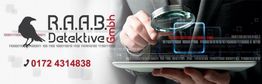 Mann mit Lupe und Tablet, Rabe und Schriftzug "R.A.A.B. Detektive GmbH", Telefonnummer sichtbar.