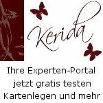 „Kerida“-Logo mit Schmetterlingen, Text: „Ihre Experten-Portal, gratis testen, Kartenlegen und mehr.“