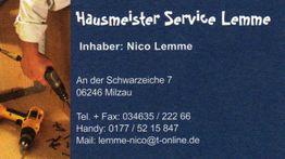 Visitenkarte von Hausmeisterservice Lemme mit Kontaktinformationen und einem Mann mit Bohrer.