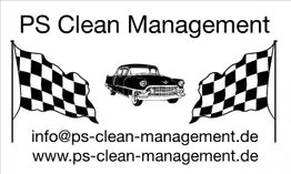 PS Clean Management Logo mit Auto, karierte Flaggen und Kontaktdaten darunter.