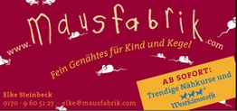 Banner der Mausfabrik mit Nähen-Anzeigen und Kontaktinfo von Elke Steinbeck.