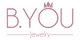 Logo de B.YOU Jewelry en texto rosa con una corona sobre la letra "O".