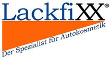Logo von LackfiXX, einem Spezialisten für Autokosmetik, mit orangem diagonalen Streifen.