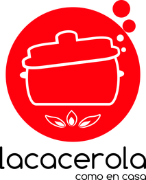 Olla blanca sobre fondo rojo, con burbujas y tres hojas en la parte inferior.