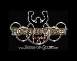 Silhouette eines Boxers mit erhobenen Armen, umgeben von Ringen. Text: "Rings of Glory - Fightclub".