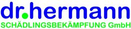 dr.hermann Logo mit blauem Text und grüner Punkt, "SCHÄDLINGSBEKÄMPFUNG GmbH" in Grün darunter.
