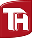 Rotes Logo mit weißen Buchstaben "TH" in markanter, blockartiger Schrift.