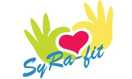 Logo mit grüner und gelber Hand um ein rotes Herz, darunter Text: "SyRa-fit".