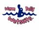 Logo with text "Warm Belly Wetsuits" featuring waves and a person swimming.