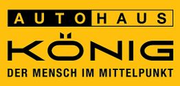 Gelbes Logo mit Text "Autohaus König - Der Mensch im Mittelpunkt".