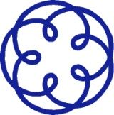 Logo blu composto da linee intrecciate in un disegno circolare su sfondo bianco.