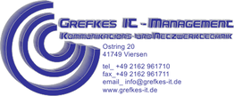 Logo von Grefkes IT-Management mit Kontaktinformationen und stilisiertem Design in Blau.