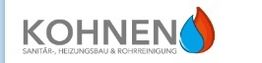 Logo mit dem Text "Kohnen", darunter "Sanitär-, Heizungsbau & Rohrreinigung" mit blauer und roter Flamme.