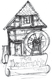 Skizze einer alten Wassermühle mit Fachwerk und Schriftzug "Alte Papiermühle" auf Schriftrolle.