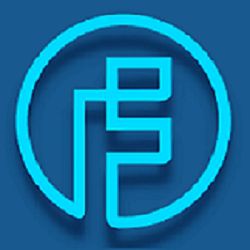 Blue geometric logo with stylized letters inside a circle on a dark blue background.